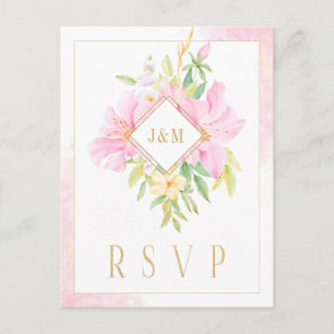 Carte Postale Elégant monogramme floral Aquarelle rose or RSVP