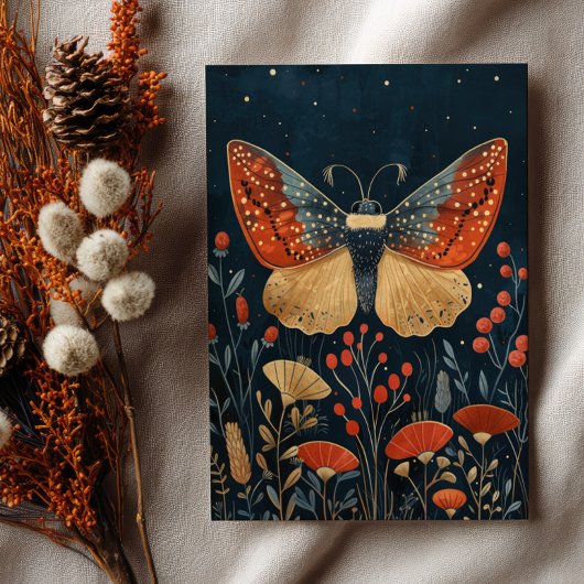 Carte Postale Elegant Moth Autumn Foliage Navy Blue Christmas