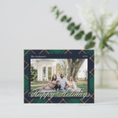 Carte Postale Elegant Navy Green Plaid Happy Holidays (Debout devant)