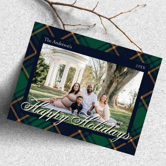 Carte Postale Elegant Navy Green Plaid Happy Holidays