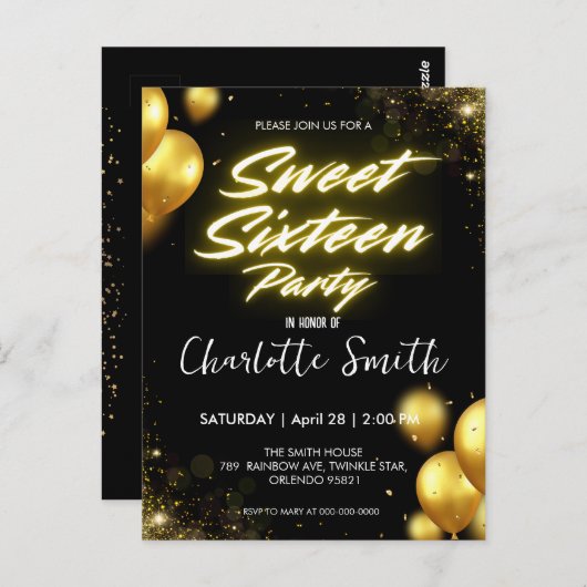 Carte Postale Elégant néon Gold Balloo rétro Sweet 16e anniversa (Devant / Derrière)
