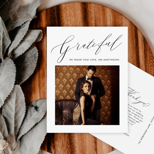 Carte Postale Élégant Noir Grateful Script Mariage photo