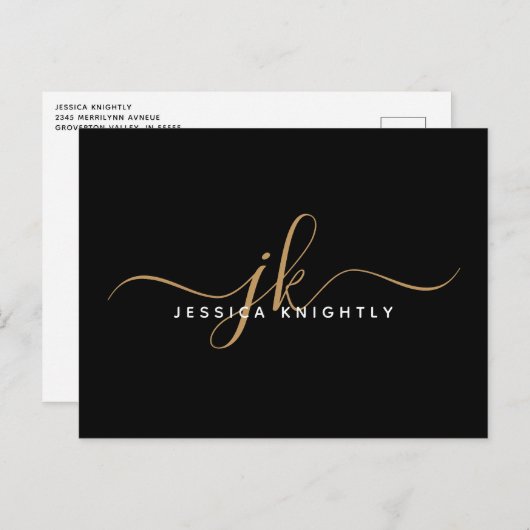 Carte Postale Élégant Noir Monogramme Initiales de script (Devant / Derrière)