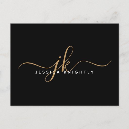 Carte Postale Élégant Noir Monogramme Initiales de script (Devant)
