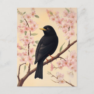 Carte Postale Élégant oiseau noir en fleurs