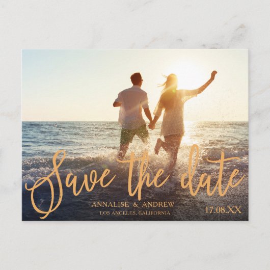 Carte Postale Elégant peach orange script 2 photos enregistrer l (Devant)