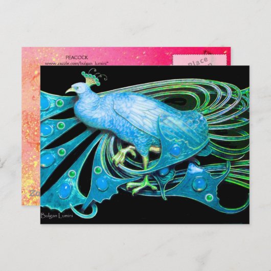 CARTE POSTALE ÉLÉGANT PEACOCK EN BLEU NOIR TURQUOISE (Devant / Derrière)