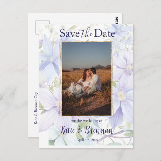 Carte Postale Élégant Periwinkle Clematis Enregistrer la date Ph (Devant / Derrière)