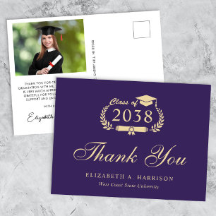 Carte Postale Élégant Photo Purple Gold Merci de graduation