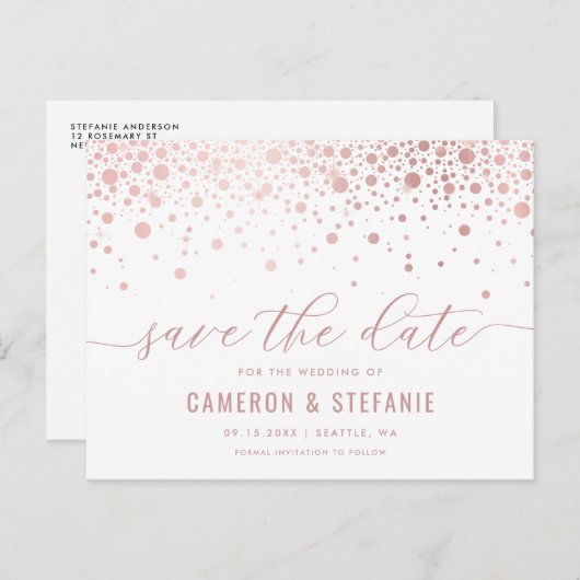 Carte Postale Elégant Pink Foil Confetti Blanc Enregistrer la da (Devant / Derrière)