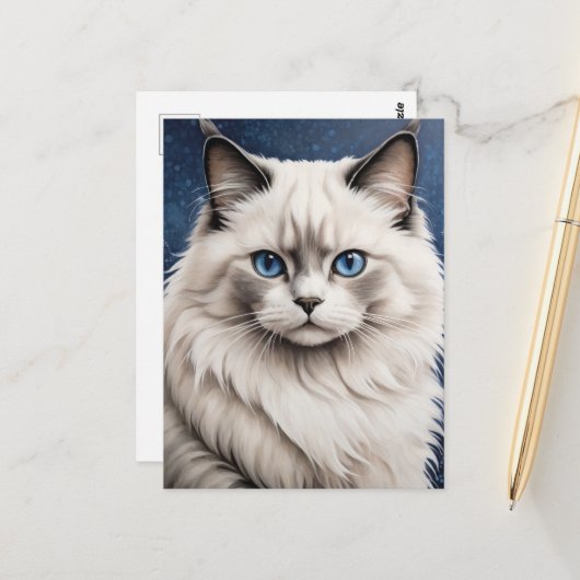 Carte Postale Élégant Ragdoll Chat Portrait Oeil Bleu (Devant/Arrière en situation)
