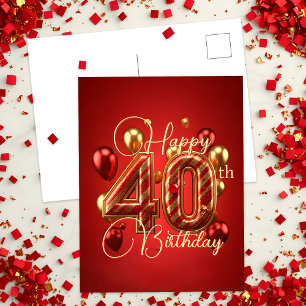 Carte Postale Elégant Rayures Rouges et Dorées 40e Anniversaire