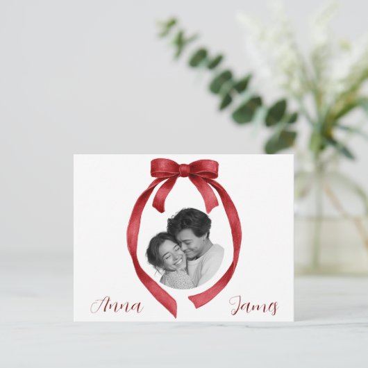 Carte Postale Elegant Red Bow Valentine's Day Card Custom Photo (Debout devant)