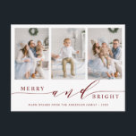 Carte Postale Elégant Red Merry & Bright 3 Photo Holiday<br><div class="desc">Carte postale de vacances simple et élégante. Pour une personnalisation plus avancée de cette conception,  veuillez cliquer sur le lien Personnaliser supplémentaire pour changer la police,  la taille,  la couleur,  etc.</div>