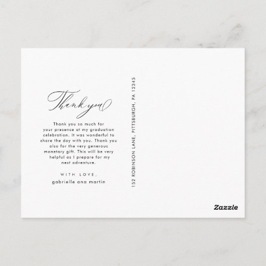 Carte Postale Élégant Remerciement de Diplôme Photo Script Noir (Dos)