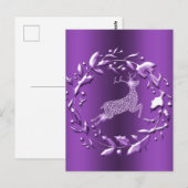 Carte Postale Élégant renne d'argent, couronne violet Noël (Devant / Derrière)