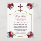 Carte Postale Élégant Rose Floral Gold First Holy Communion (Devant)