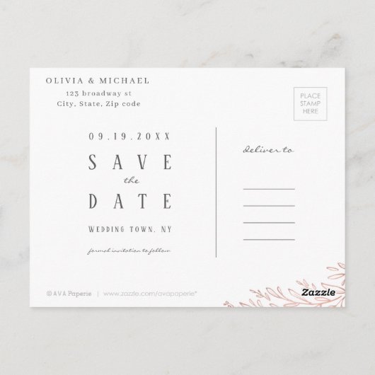 Carte Postale Elégant rose or botanique photo enregistrer la dat (Dos)