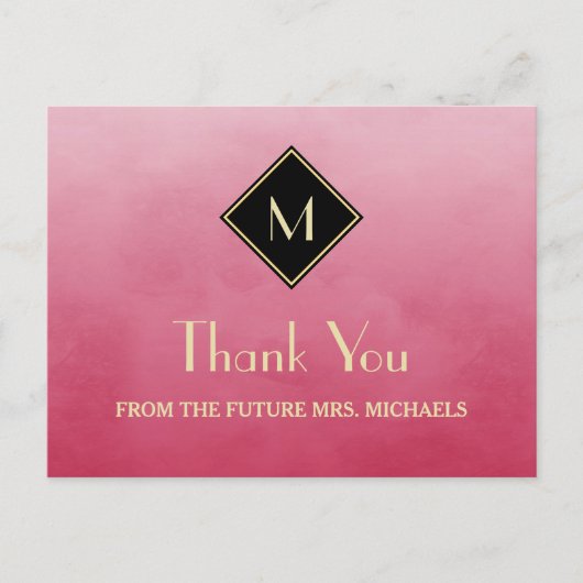 Carte Postale Élégant rose Simple Avec Merci Monogramme Or (Devant)