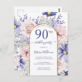 Carte Postale Elégant rose violet 90e anniversaire de fête Invit (Devant / Derrière)