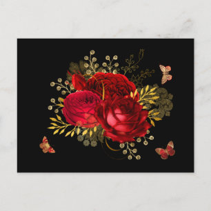 Carte Postale Elégant Rouge Roses Butterfly Gold