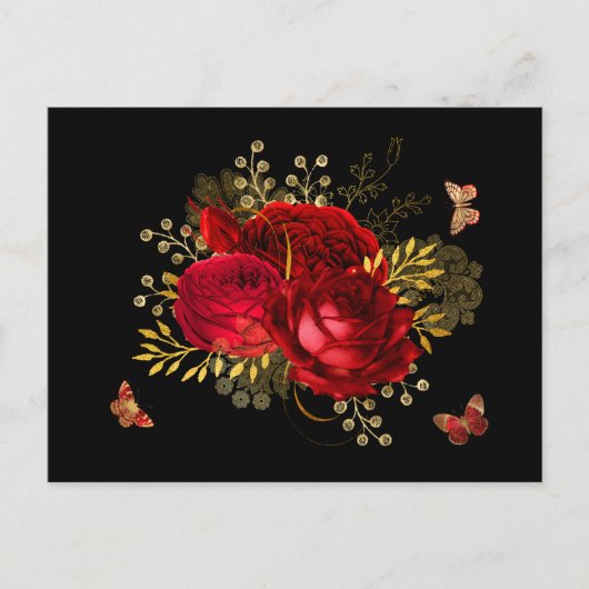 Carte Postale Elégant Rouge Roses Butterfly Gold (Devant)