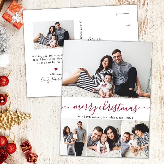 Carte Postale Élégant Rouge Script photo Collage Noël