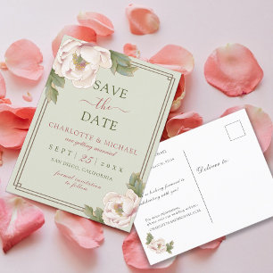 Carte Postale Elégant Sage & Blush Peony Floral Enregistrer la d