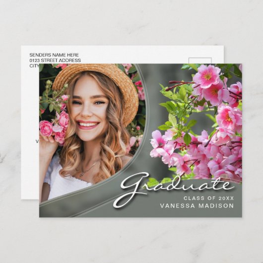 Carte Postale Elégant Sage Fleurs de Script | Modern Photo Grad (Devant / Derrière)