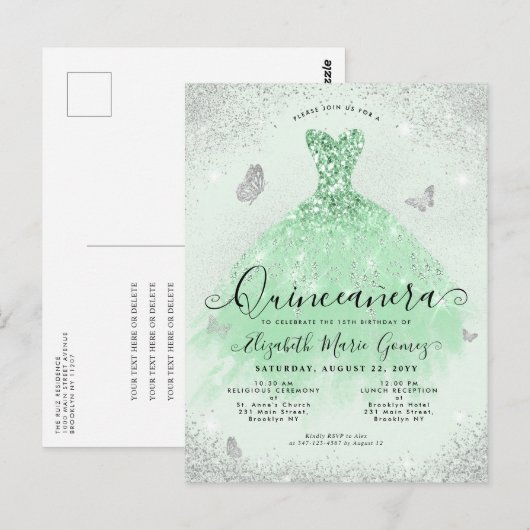 Carte Postale Elégant Sage Green Parties scintillant Argent Gown (Devant / Derrière)