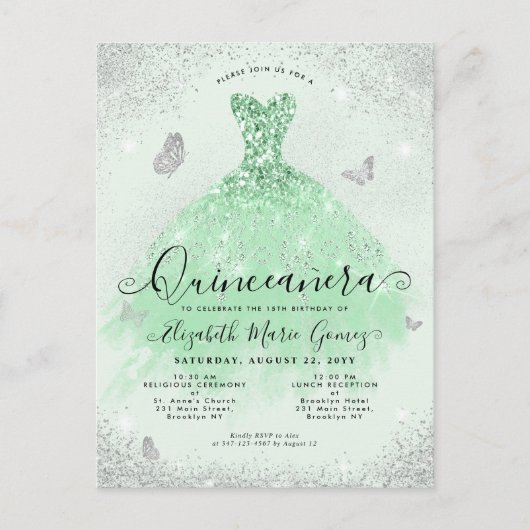 Carte Postale Elégant Sage Green Parties scintillant Argent Gown (Devant)