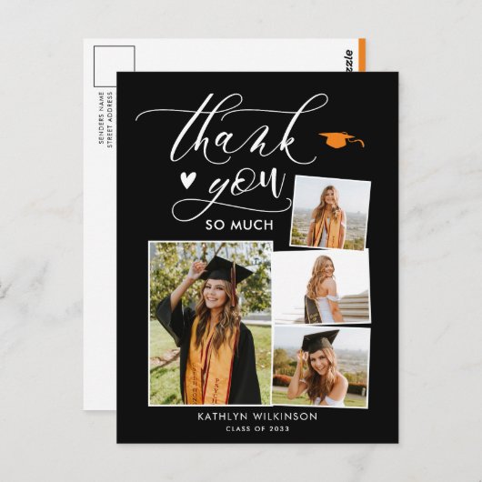 Carte Postale Élégant Script Black 4 Photo Graduation Merci (Devant / Derrière)