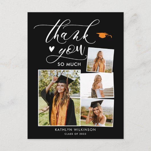 Carte Postale Élégant Script Black 4 Photo Graduation Merci (Devant)