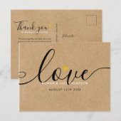 Carte Postale Élégant Script Cœur Doré Merci Kraft Rustique (Devant / Derrière)