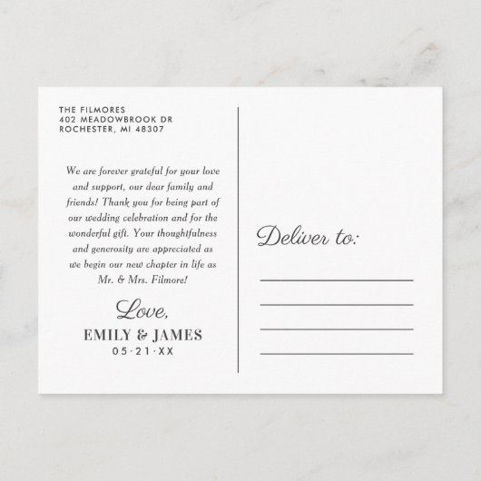 Carte Postale Élégant script de calligraphie Mariage Merci photo (Dos)