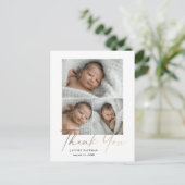 Carte Postale Élégant Script Doré 3 Photo Bébé Merci (Debout devant)