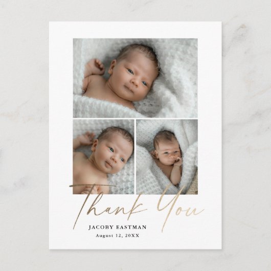 Carte Postale Élégant Script Doré 3 Photo Bébé Merci (Devant)