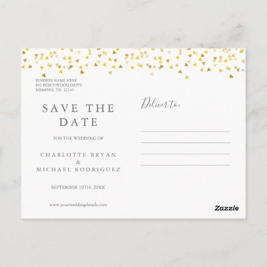 Carte Postale Élégant Script Gold Hearts Confetti Enregistrer la (Dos)