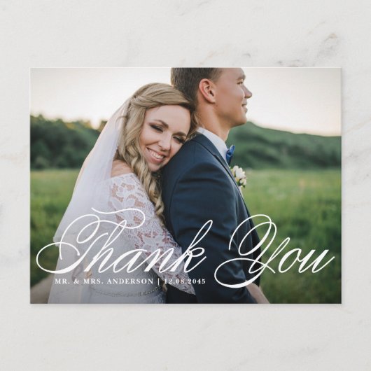 Carte Postale Élégant script Horizontal Mariage photo Merci (Devant)