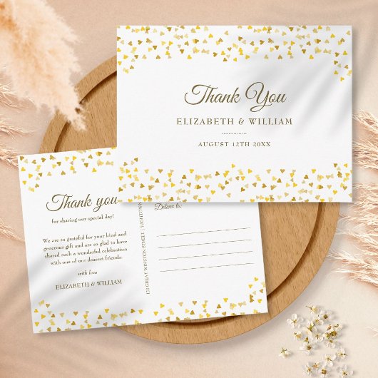Carte Postale Élégant Script Merci Or Amour Cœurs Confettis