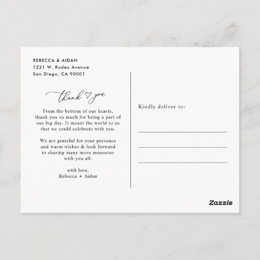 Carte Postale Élégant script minimal Mariage photo Merci (Dos)