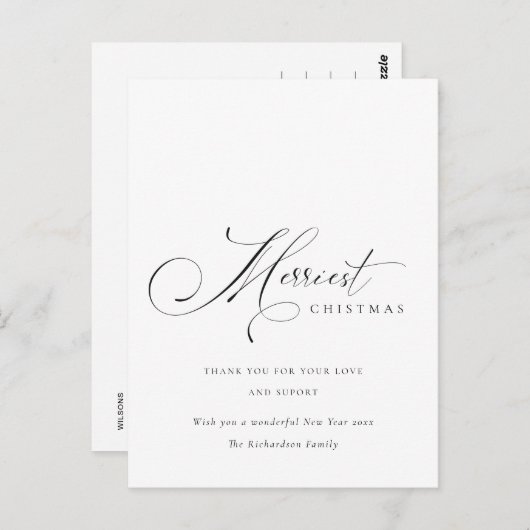Carte Postale Élégant Script minimal Merriest Noël Salutation (Devant / Derrière)