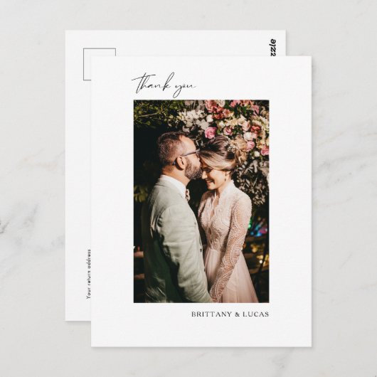 Carte Postale Élégant Script noir blanc Mariage Merci (Devant / Derrière)