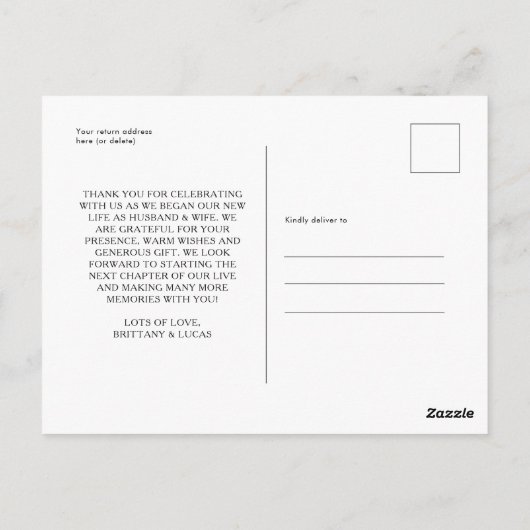 Carte Postale Élégant Script noir blanc Mariage Merci (Dos)