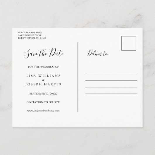 Carte Postale Élégant script noir et blanc Enregistrer la date (Dos)