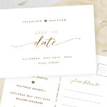 Carte Postale Élégant Script Or, Mariage Enregistrer La Date P<br><div class="desc">Annoncez votre date de mariage avec ce mariage magnifique, élégant et simple enregistrer la carte postale date. Élégante écriture manuscrite moderne typographie de script à travers. Style propre et simple. Design blanc et or avec des touches d'or imitation feuille. Possibilité de changer "Enregistrer" en "Enregistrer notre" date. Retournez avec la...</div>