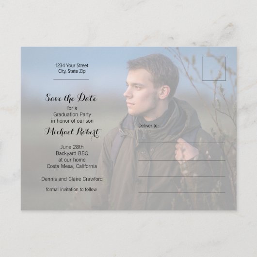 Carte Postale Élégant Script Photo Graduation Enregistrer la dat (Dos)