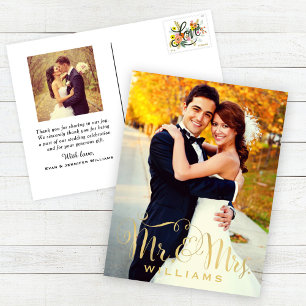 Carte Postale Élégant Script Photo Mariage Monogram Merci