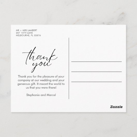 Carte Postale Élégant Script Photo Mariage Remerciements (Dos)