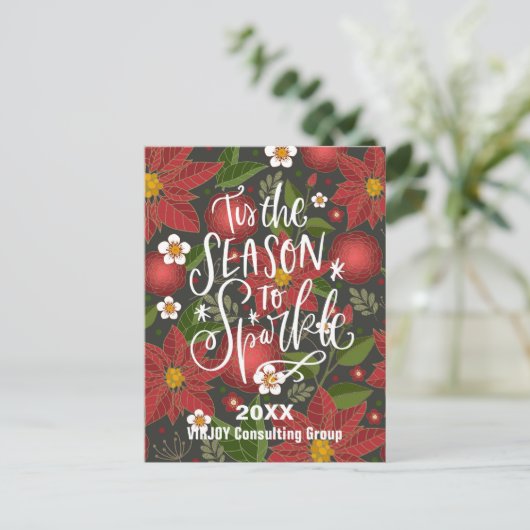 Carte Postale Élégant Script Red Poinsettia Green Photo Business (Debout devant)